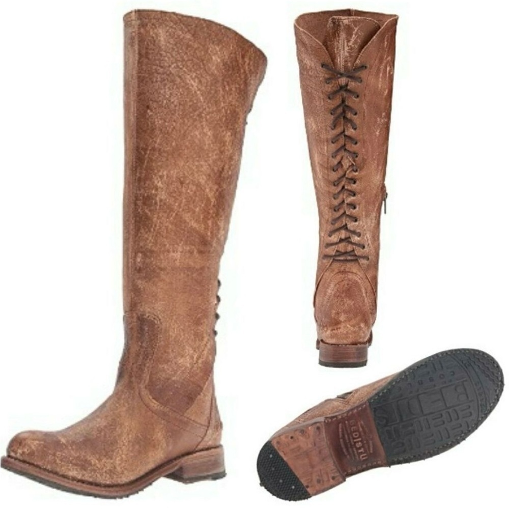 Like New Bed Stu Women’s Distressed Leather Back Lace Tall Carmel Lux Boots- 8.5